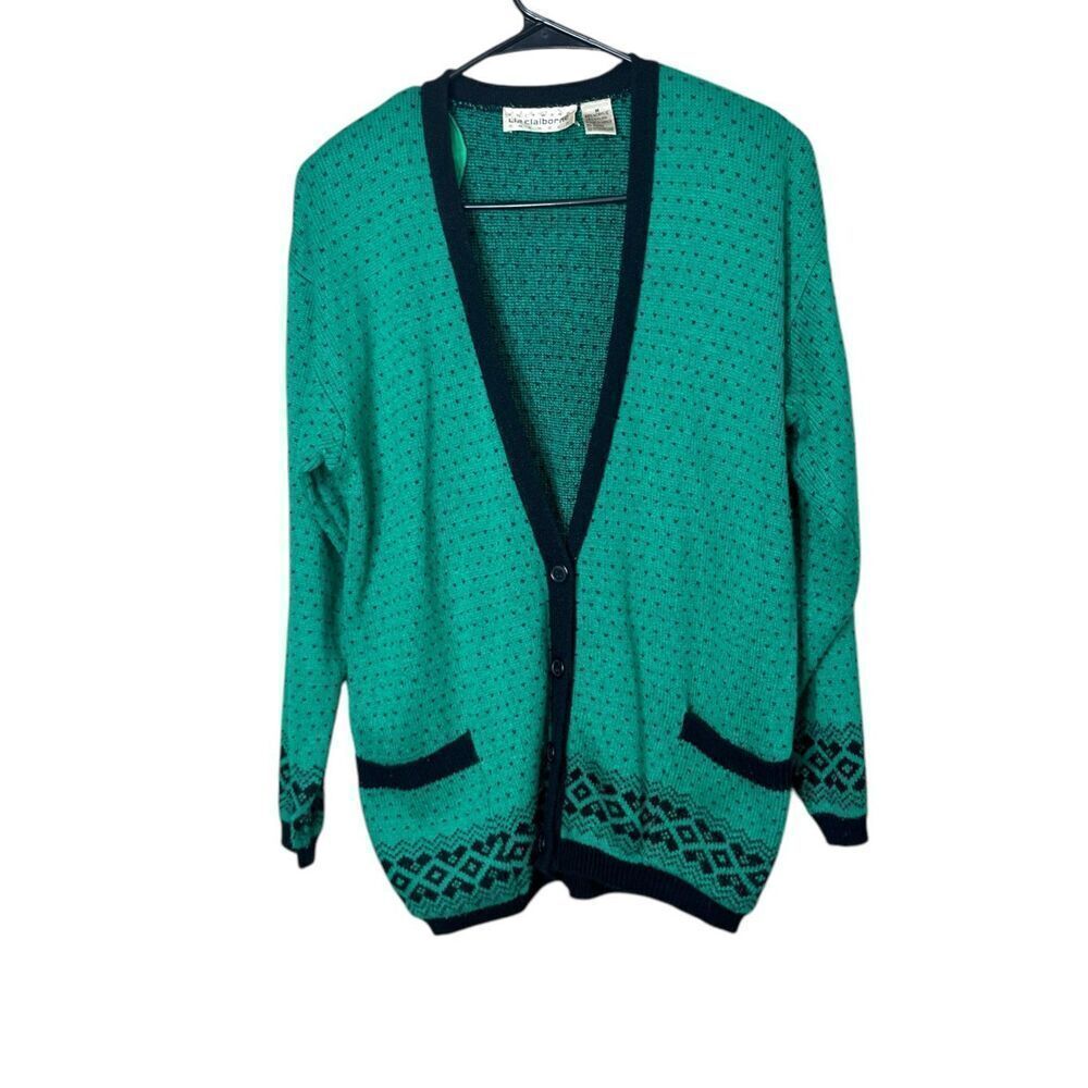 Vintage Liz Claiborne Green Polka Dot Cardigan Button Front Size M